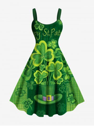 Plus Size St. Patrick's Day Hat Clover Leaf Print Tank Dress - GREEN - 6X