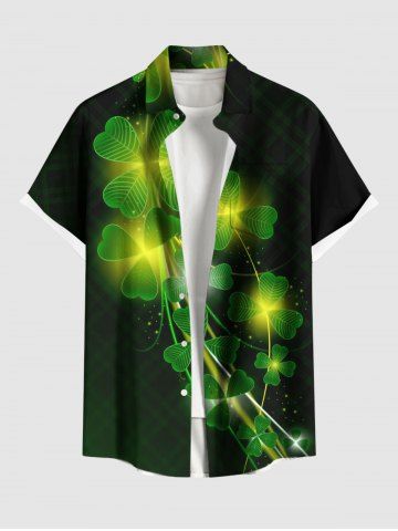 Plus Size St. Patrick's Day Clover Leaf Glitter 3D Print Buttons Pocket Shirt For Men