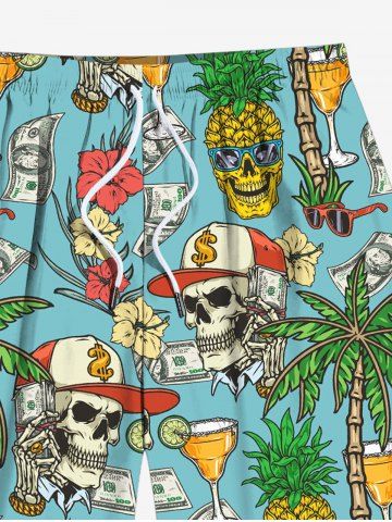 Plus Size Skull Coconut Tree Juice Pineapple Floral Currency Print Hawaii Drawstring Beach Shorts For Men