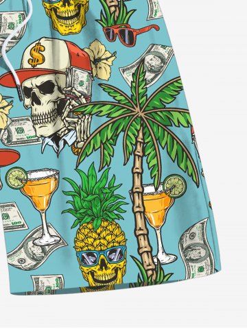 Plus Size Skull Coconut Tree Juice Pineapple Floral Currency Print Hawaii Drawstring Beach Shorts For Men