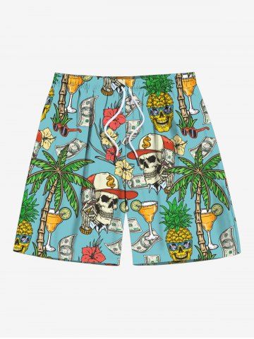 Plus Size Skull Coconut Tree Juice Pineapple Floral Currency Print Hawaii Drawstring Beach Shorts For Men - GREEN - 8XL