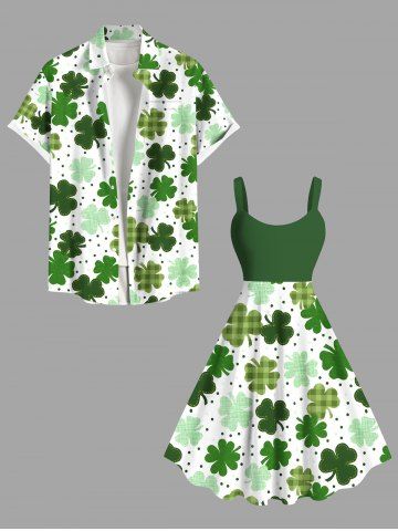 Plaid Four Leaf Clover Pin Dot Print St. Patrick's Day Plus Size Matching Hawaii Beach Outfit For Couples - GREEN