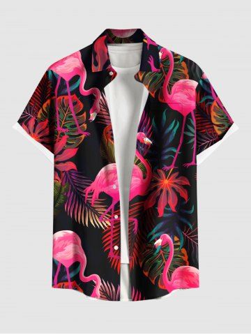 Plus Size Tropical Leaf Flamingo Print Buttons Pocket Hawaii Shirt For Men