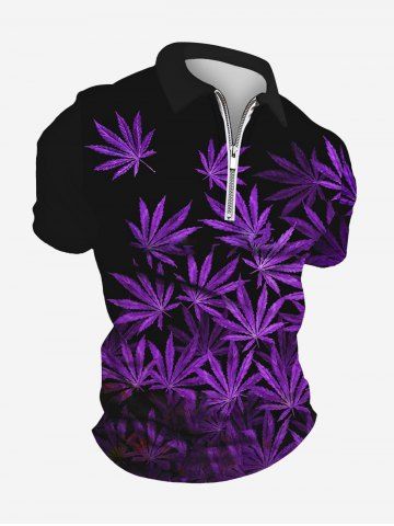 Plus Size Maple Leaf Print Zipper Hawaii Polo Shirt For Men - BLACK - 4XL