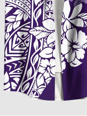 Plus Size Tropical Leaf Hibiscus Flower Print Buttons Pocket Hawaii Shirt For Men