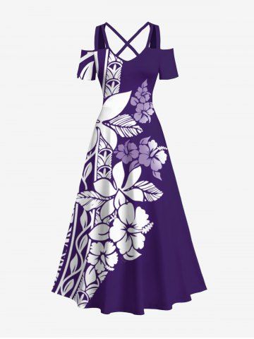 Plus Size Tropical Leaf Hibiscus Flower Print Cold Shoulder Crisscross Hawaii Maxi Dress - PURPLE - 4X