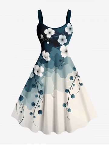 Plus Size Ombre Ink Watercolor Floral Branch Print Hawaii A Line Tank Dress - BLUE - XS