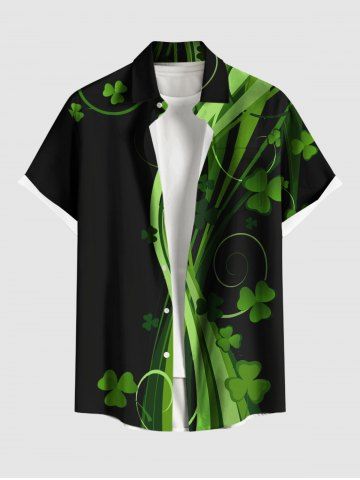 Chemise à boutons pour homme, grande taille, imprimé trèfle et feuilles, style hawaïen, pour la Saint-Patrick. - BLACK - S
