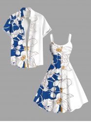 Tropical Leaf Flowers Colorblock Print Plus Size Matching Hawaii Beach Outfit For Couples - Bleu 