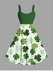 Robe Pin-up à Imprimé Feuille et Trèfle à Carreaux Grande Taille - Vert 2X