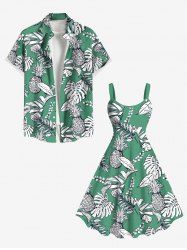 Tenue de plage hawaïenne assortie grande taille à imprimé feuilles tropicales et branches d'ananas pour couples - Vert 