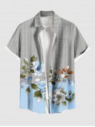 Plus Size Flower Leaf Branch Herringbone Stripe Print Hawaii Button Pocket Shirt For Men -  