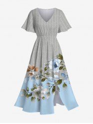 Plus Size Flower Leaf Branch Herringbone Stripe Print Hawaii Split Pocket A Line Midi Dress -  