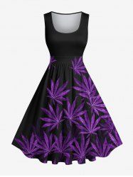 Robe Vintage Trapèze Imprimé Feuilles D'érable Grande Taille - Noir 6X