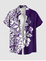 Chemise Décontractée Fleur Feuille D'Hibiscus et Feuille Tropicale Imprimées de Grande Taille avec Poche - Pourpre  4XL