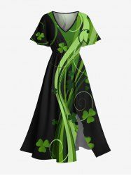 Plus Size Leaf Clover Curve Print St. Patrick's Day Hawaii Split Pocket A Line Midi Dress -  