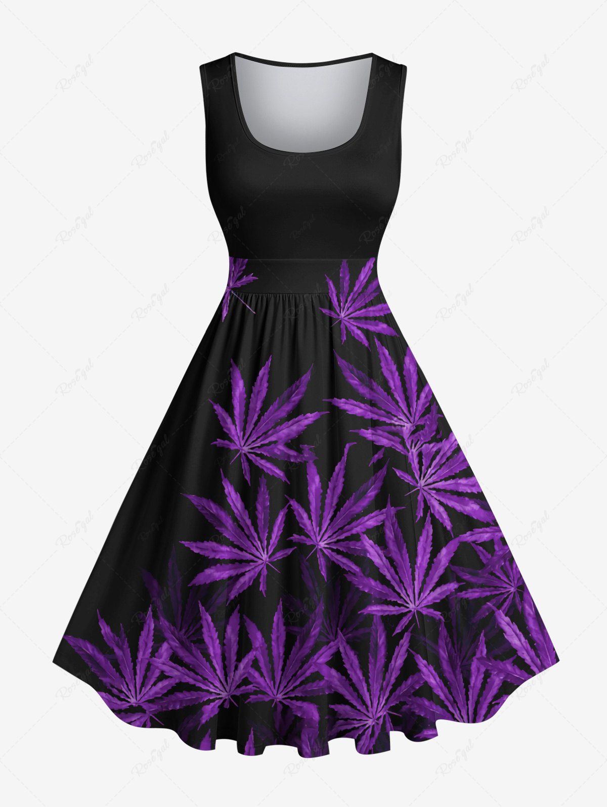 Robe Vintage Trapèze Imprimé Feuilles D'érable Grande Taille Noir 6X