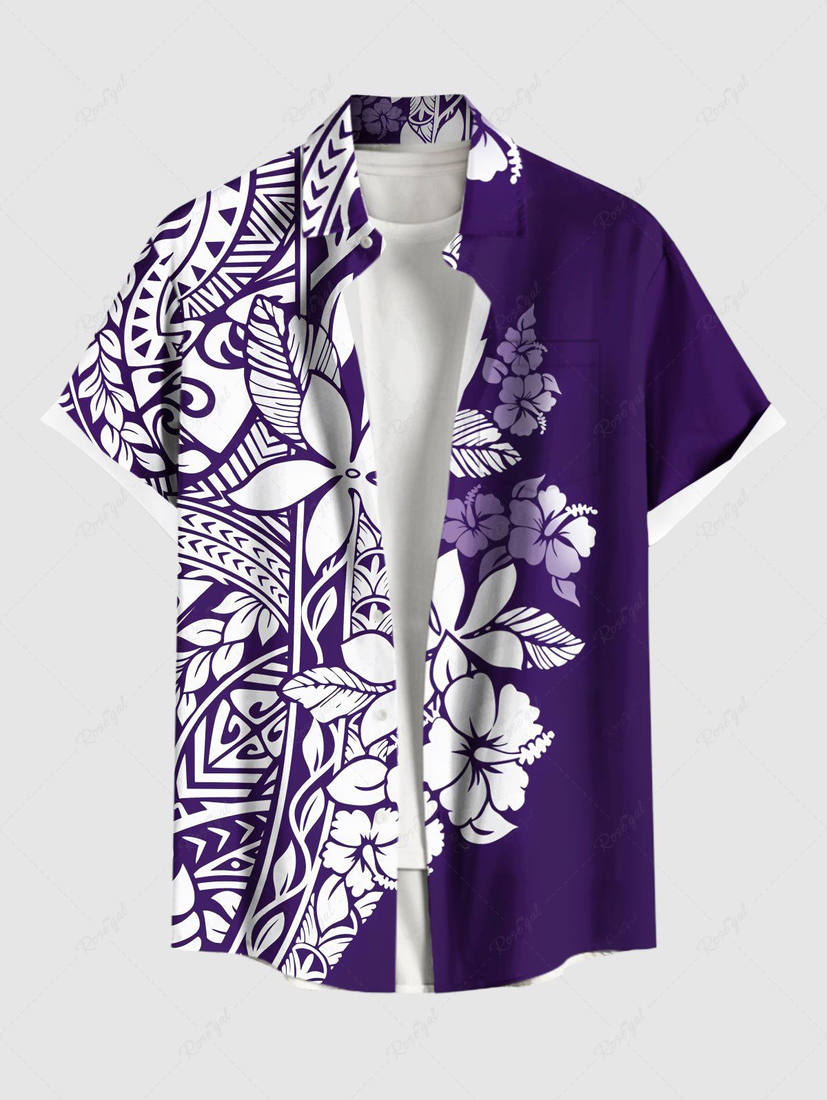 Latest Plus Size Tropical Leaf Hibiscus Flower Print Buttons Pocket Hawaii Shirt For Men  