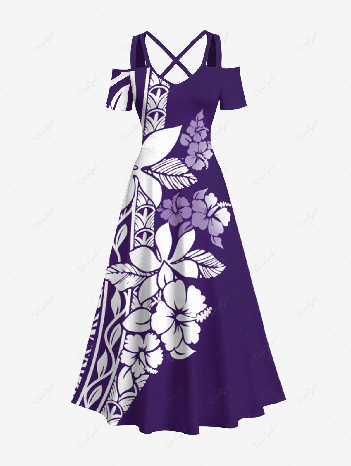 Maxi Robe D'Entraînement Croisée Fleur Feuille Tropicale Imprimée à Epaule Dénudée de Grande Taille Pourpre  6X