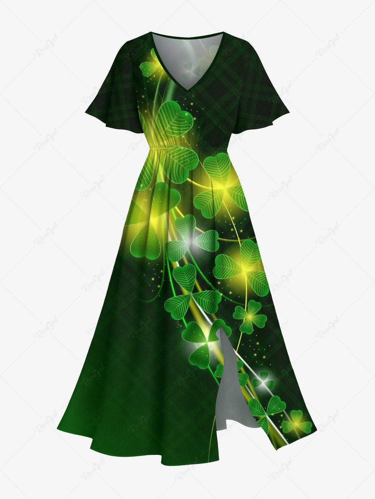 Store Plus Size St. Patrick's Day Clover Leaf Glitter 3D Print Split Midi Dress  