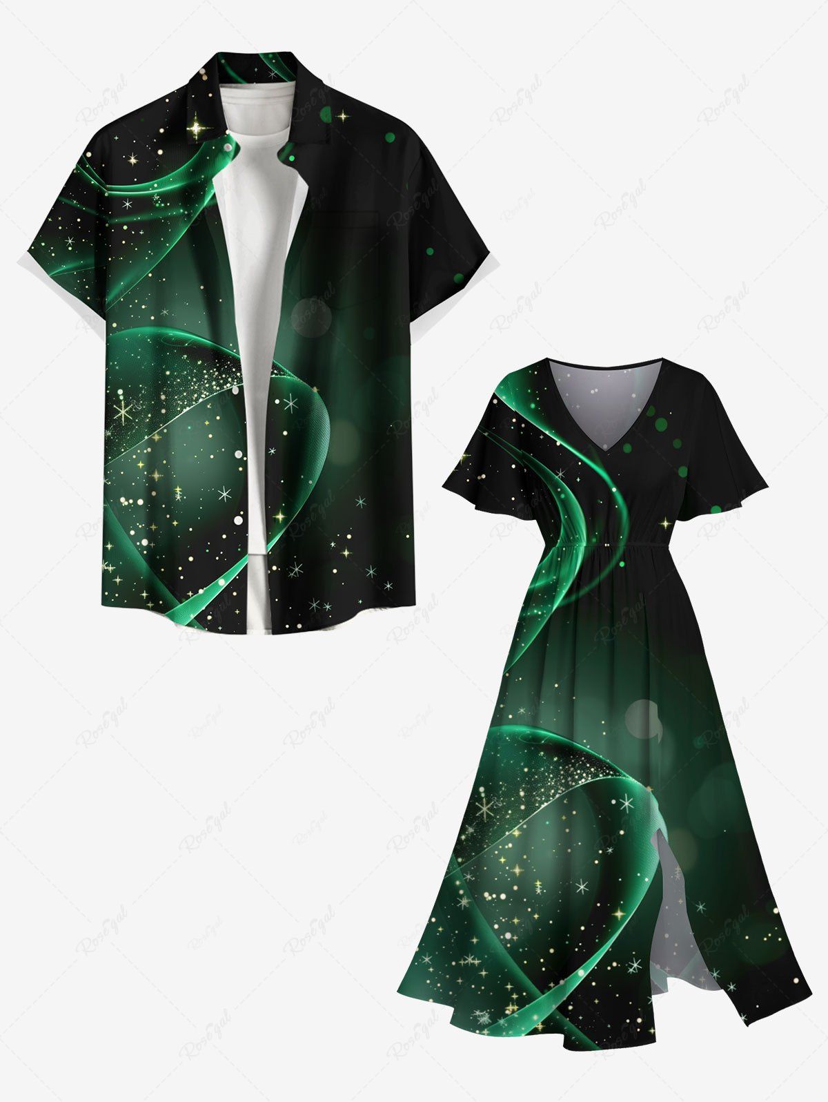 Tenue de Plage Métallisée Motif Etoiles Brillantes avec Ruban Grande-Taille pour Couples Noir 