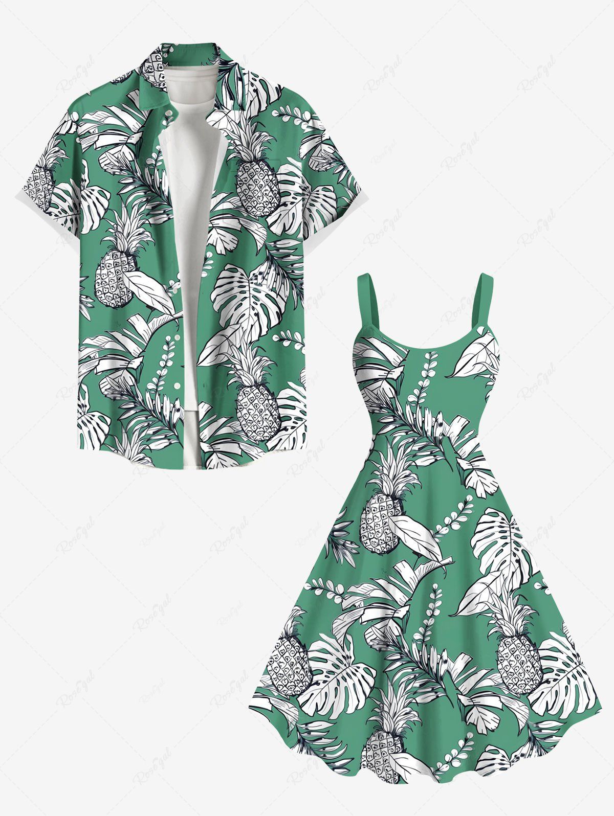 Tenue de plage hawaïenne assortie grande taille à imprimé feuilles tropicales et branches d'ananas pour couples Vert 