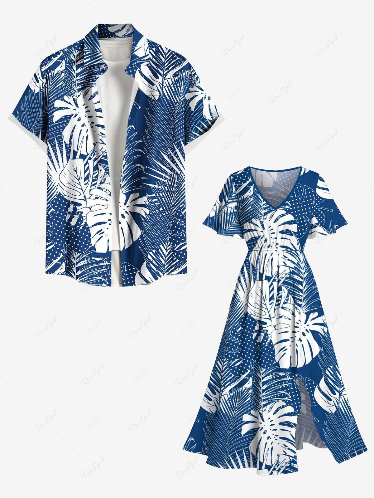Tropical Leaf Dots Print Plus Size Matching Hawaii Beach Outfit For Couples Bleu 