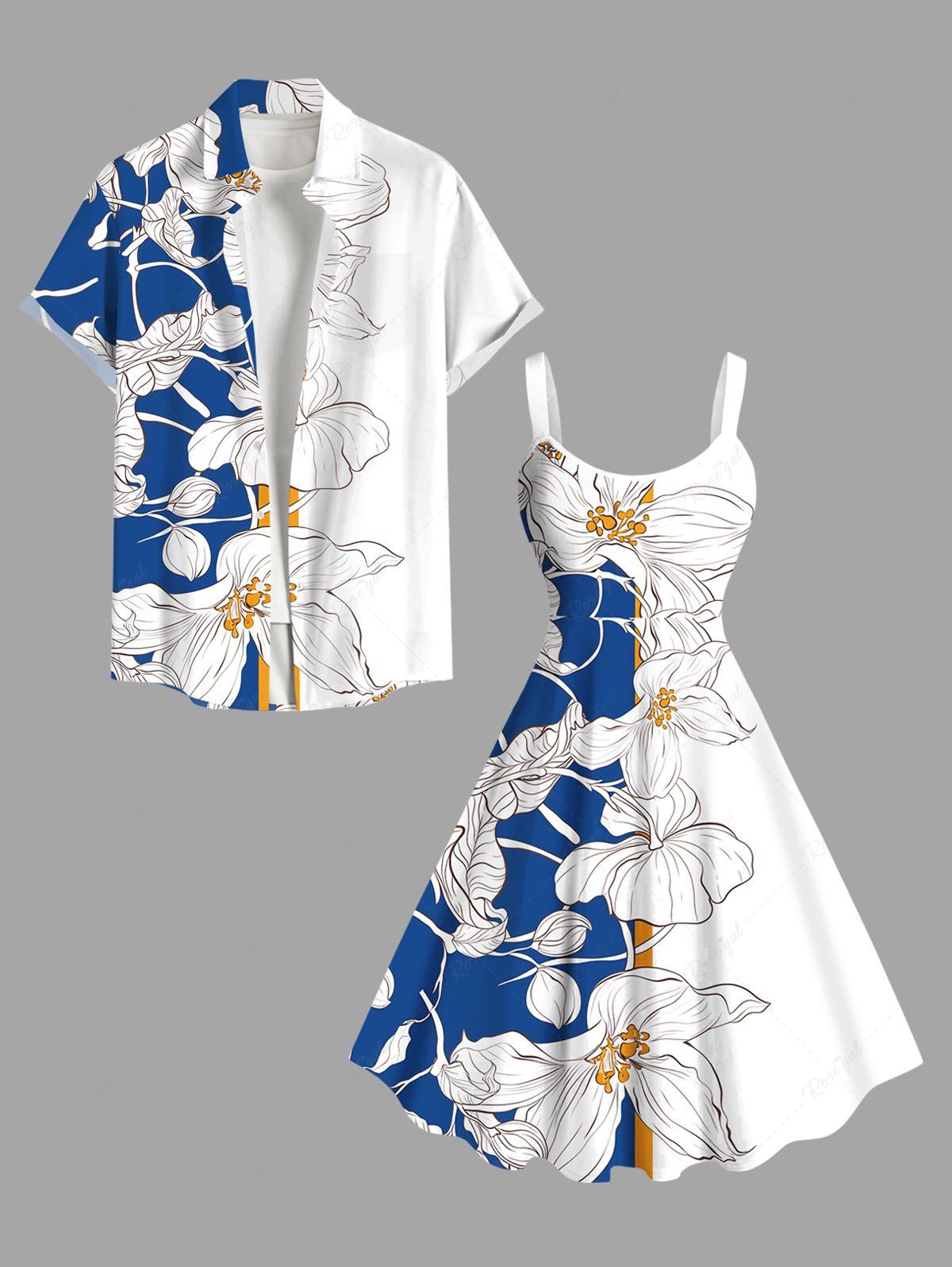 Tropical Leaf Flowers Colorblock Print Plus Size Matching Hawaii Beach Outfit For Couples Bleu 