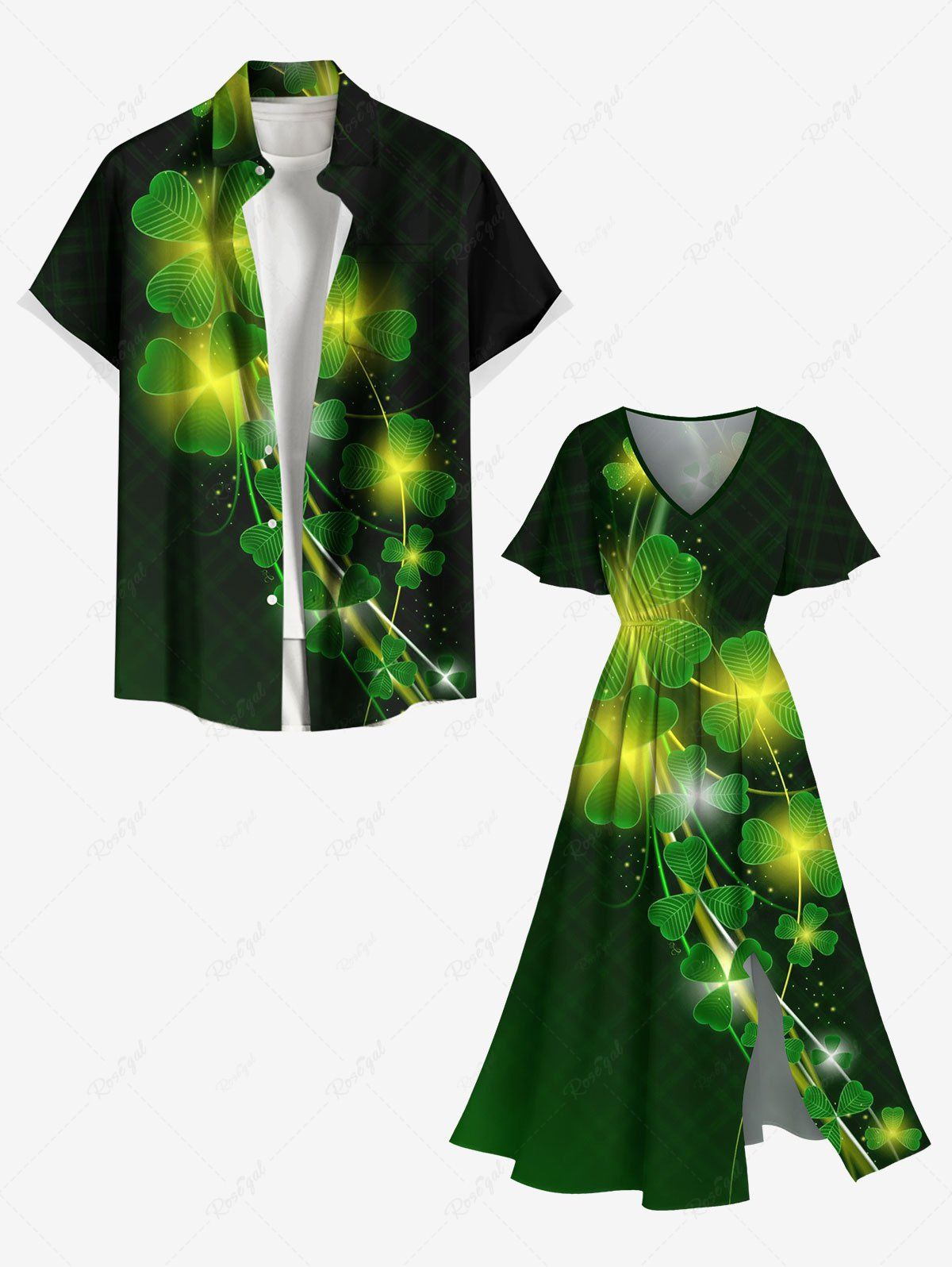 Shops St. Patrick's Day Clover Leaf Glitter 3D Print Plus Size Matching Outfit For Couples  