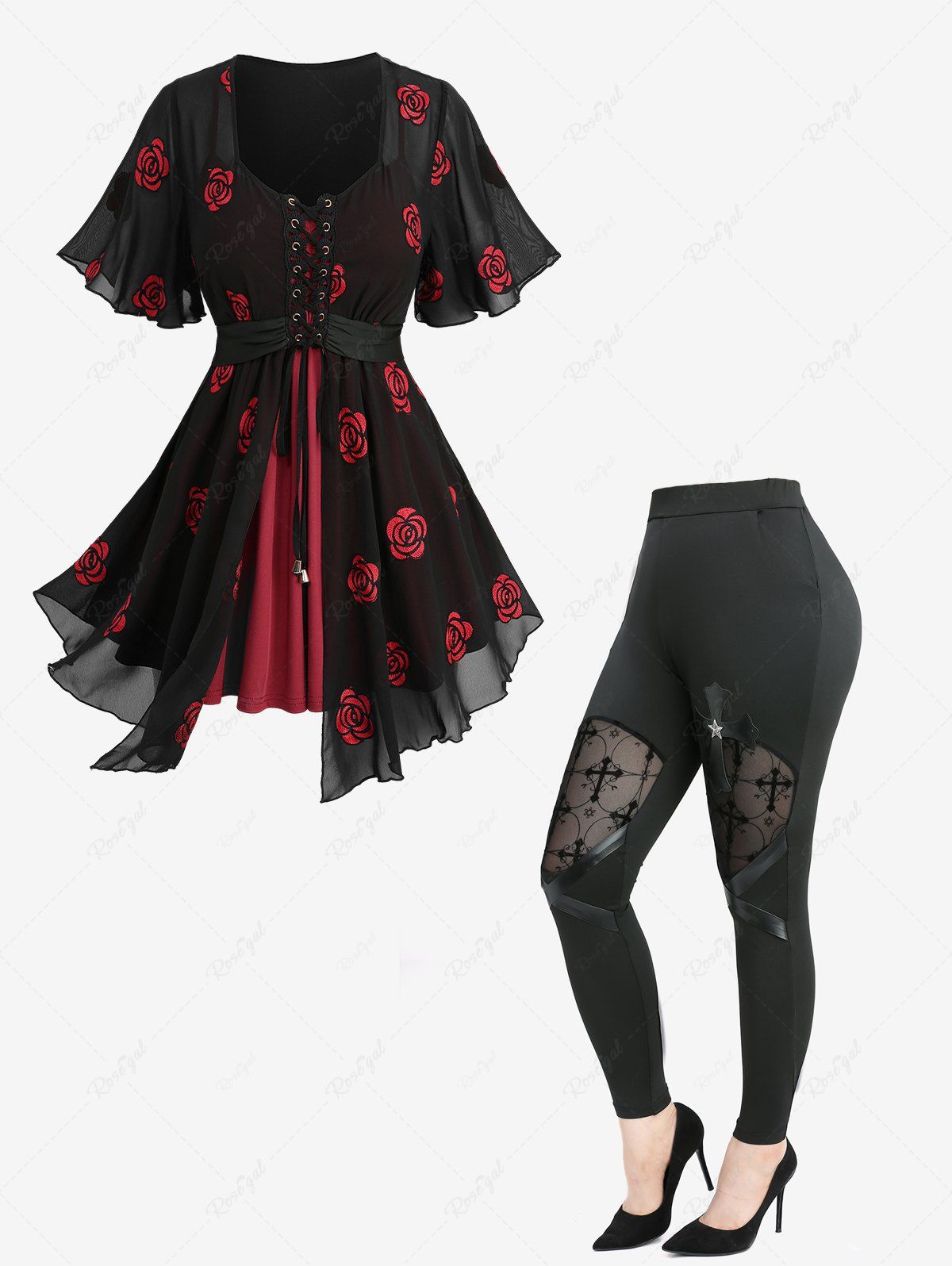 Chic Rose Flowers Embroidery Lace Up 2 In 1 Top and Flocking Mesh Leggings Plus Size Outfit  