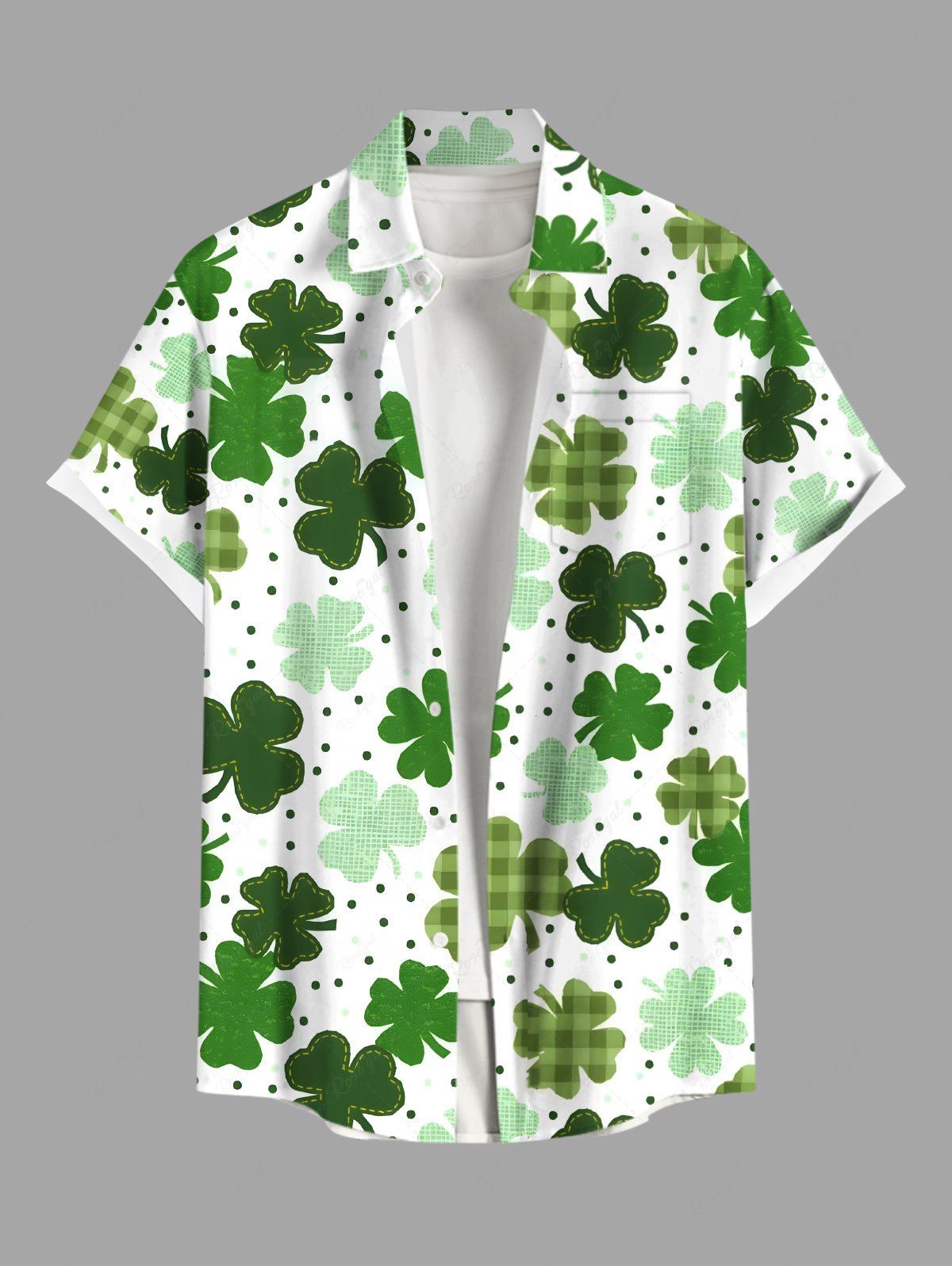 Unique Plus Size Plaid Four Leaf Clover Pin Dot Print St. Patrick's Day Hawaii Button Pocket Shirt For Men  