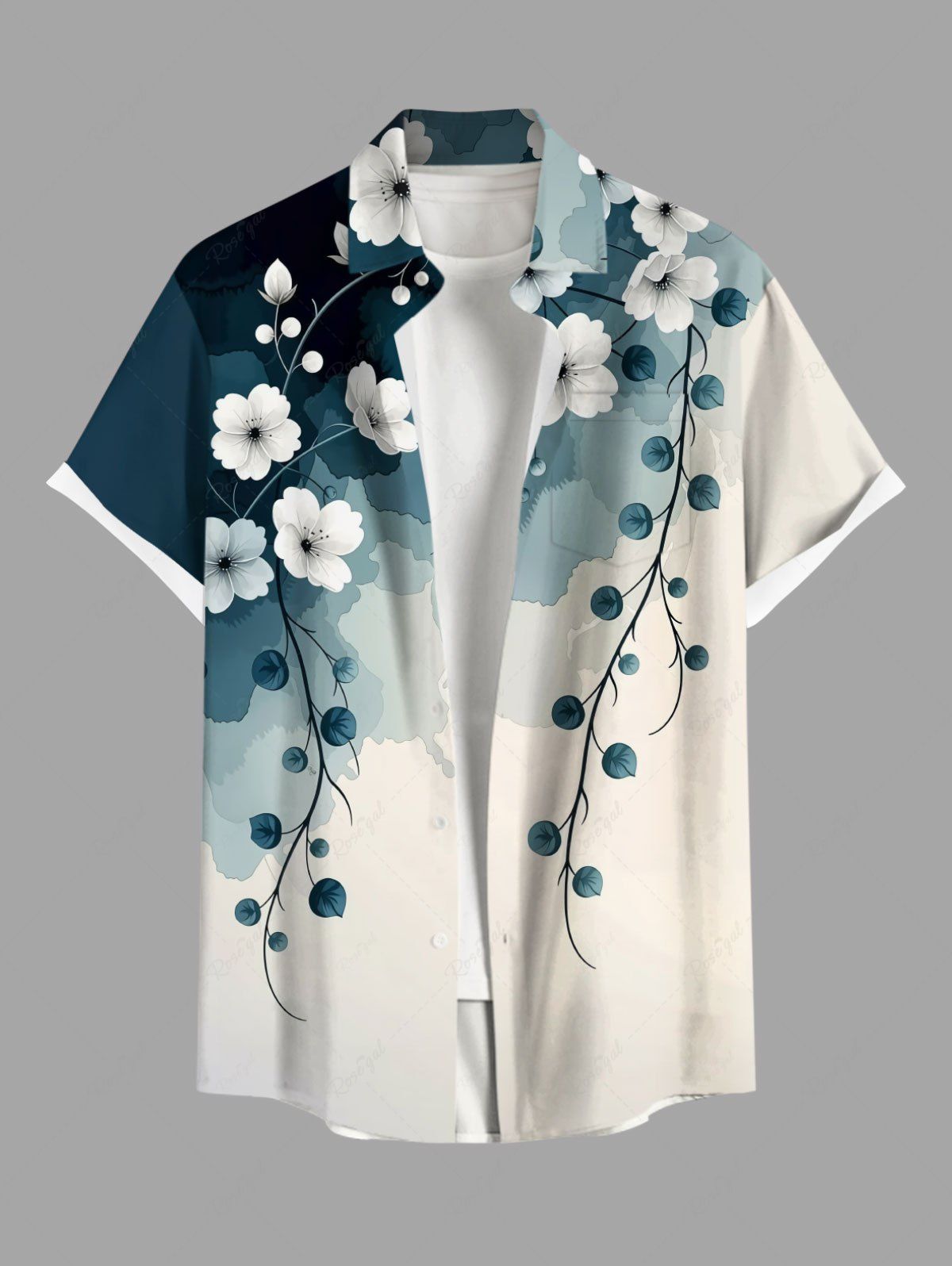 Store Plus Size Ombre Ink Watercolor Floral Branch Print Hawaii Button Pocket Shirt For Men  