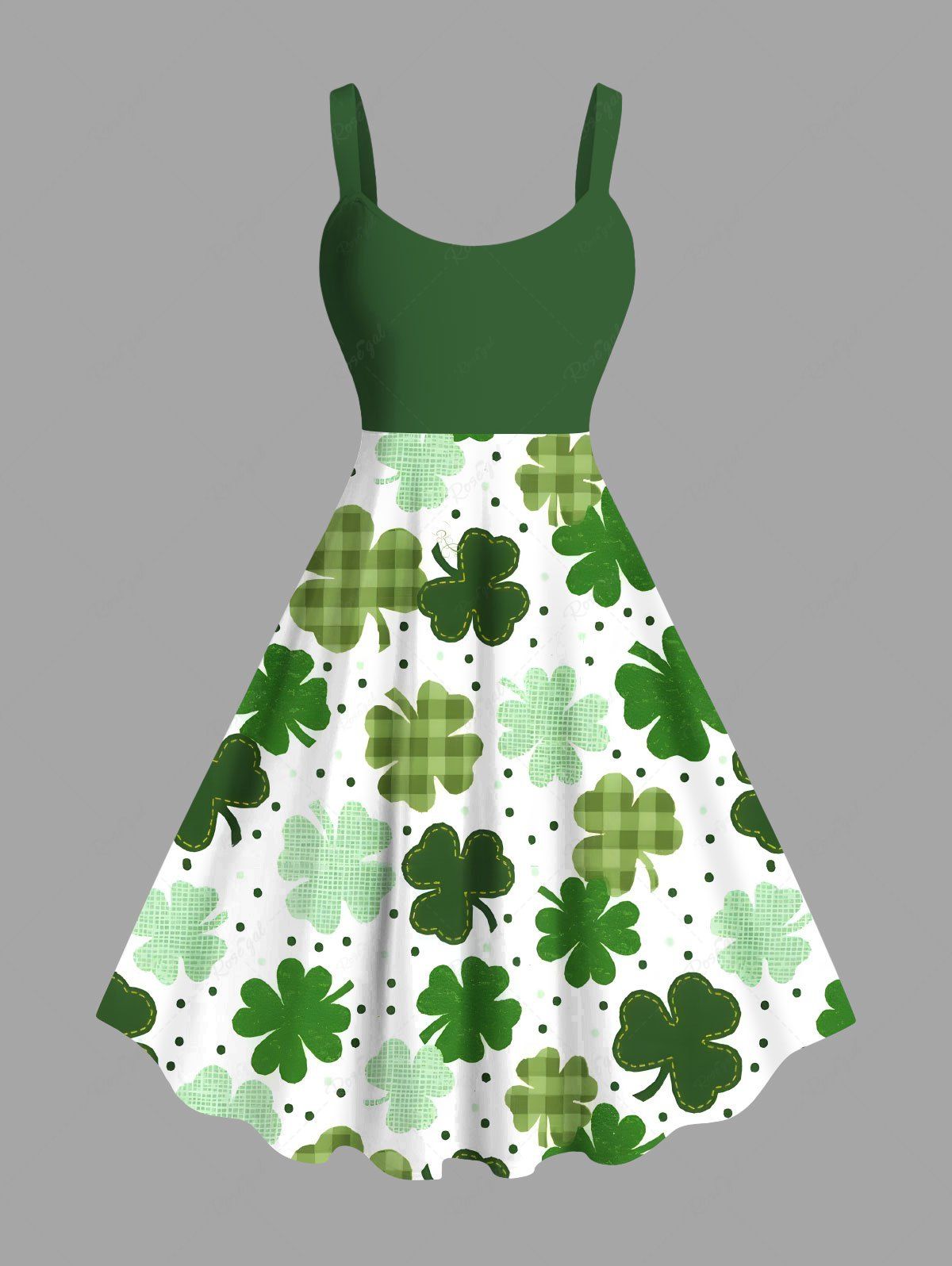 Sale Plus Size Plaid Four Leaf Clover Pin Dot Print St. Patrick's Day Hawaii A Line Tank Dress  