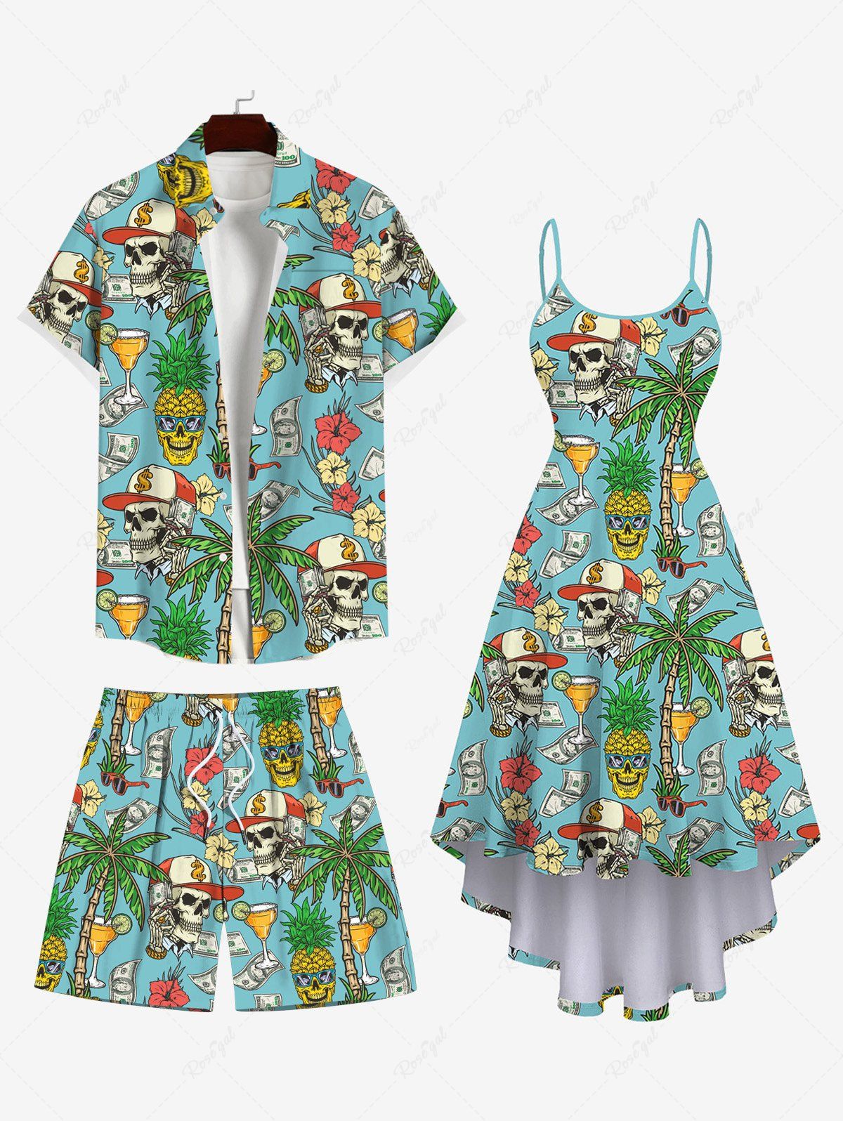 Buy Skull Coconut Tree Juice Pineapple Floral Currency Print Plus Size Matching Hawaii Beach Outfit For Couples  