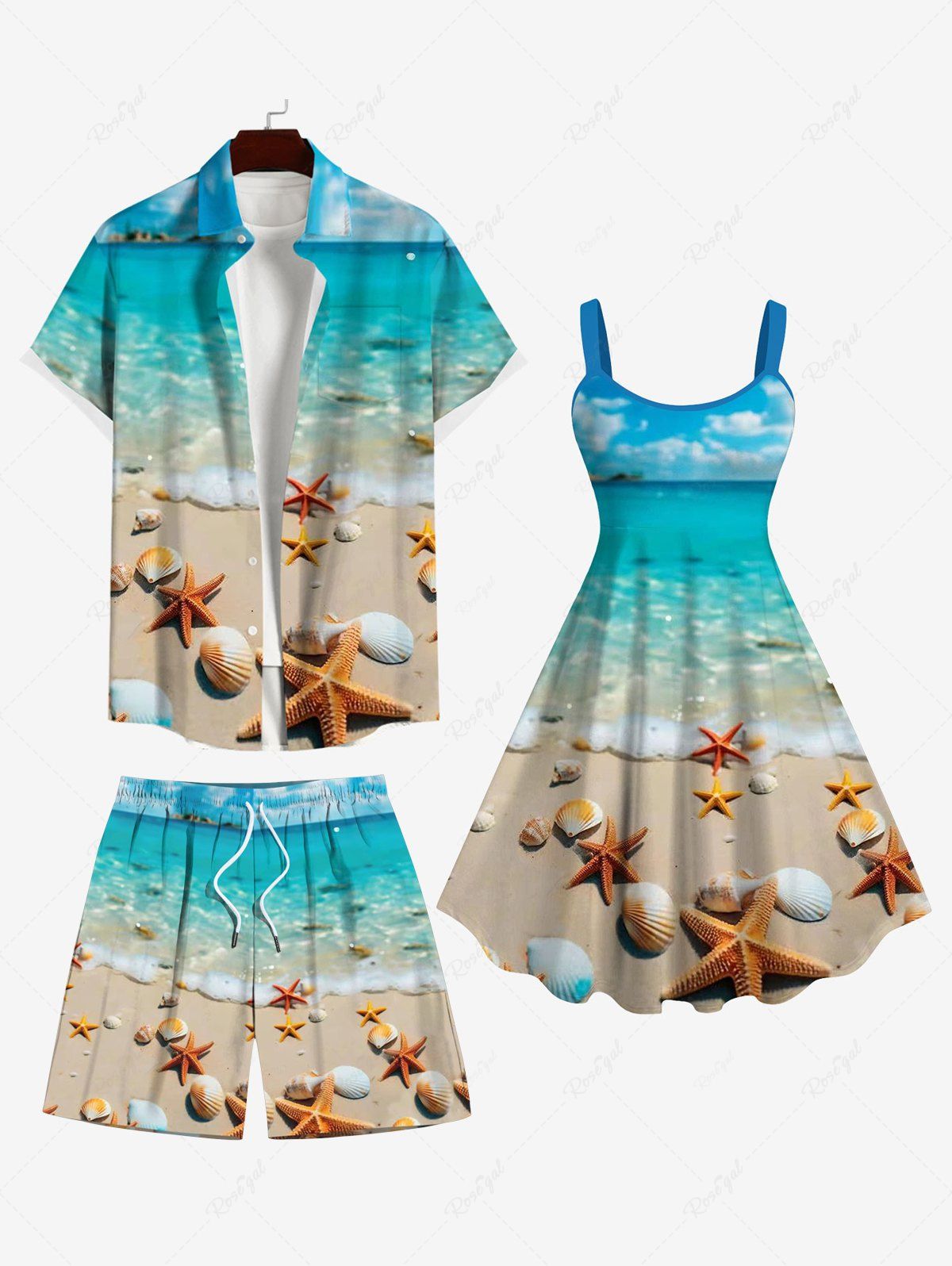 Trendy Sea Beach Shell Print Plus Size Matching Hawaii Beach Outfit For Couples  