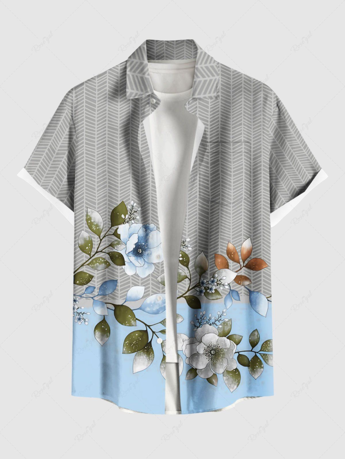 Fashion Plus Size Flower Leaf Branch Herringbone Stripe Print Hawaii Button Pocket Shirt For Men  