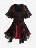 Rose Flowers Embroidery Lace Up 2 In 1 Top and Flocking Mesh Leggings Plus Size Outfit -  