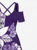 Maxi Robe D'Entraînement Croisée Fleur Feuille Tropicale Imprimée à Epaule Dénudée de Grande Taille - Pourpre  6X