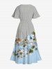 Plus Size Flower Leaf Branch Herringbone Stripe Print Hawaii Split Pocket A Line Midi Dress -  