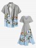 Plus Size Flower Leaf Branch Herringbone Stripe Print Hawaii Split Pocket A Line Midi Dress -  