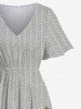 Plus Size Flower Leaf Branch Herringbone Stripe Print Hawaii Split Pocket A Line Midi Dress -  