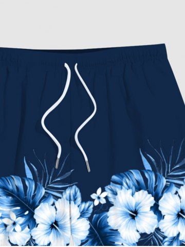 Plus Size Tropical Leaf Hibiscus Flower Print Hawaii Beach Shorts