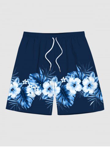 Plus Size Tropical Leaf Hibiscus Flower Print Hawaii Beach Shorts - MIDNIGHT BLUE - L