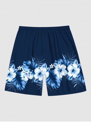 Plus Size Tropical Leaf Hibiscus Flower Print Hawaii Beach Shorts