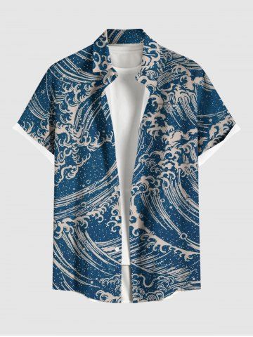 Plus Size Sea Waves Retro Pattern Print Buttons Pocket Hawaii Cruise Shirt For Men