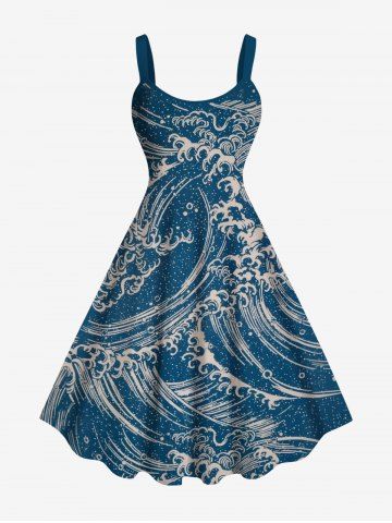 Plus Size Sea Waves Retro Pattern Print Hawaii Cruise Tank Dress - DEEP BLUE - S