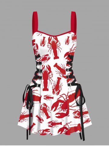 Lobster Print Lace Up Hawaii Tank Dress - WHITE - XL