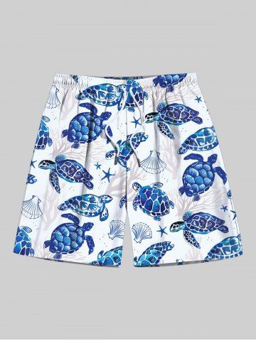 Plus Size Turtle Shell Starfish Coral Print Hawaii Sea Creatures Drawstring Beach Shorts For Men - BLUE - L