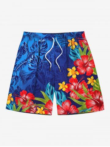 Plus Size Floral Tropical Leaves Print Hawaii Ombre Drawstring Beach Shorts For Men - BLUE - 8XL