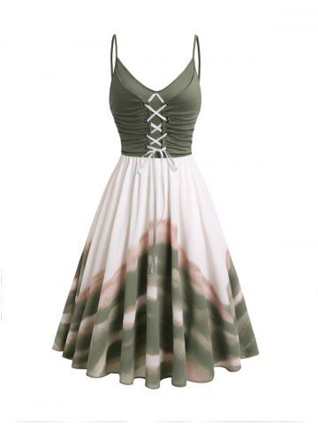 Tie Dye Print Colorblock Lace Up Midi Dress - GREEN - XXL